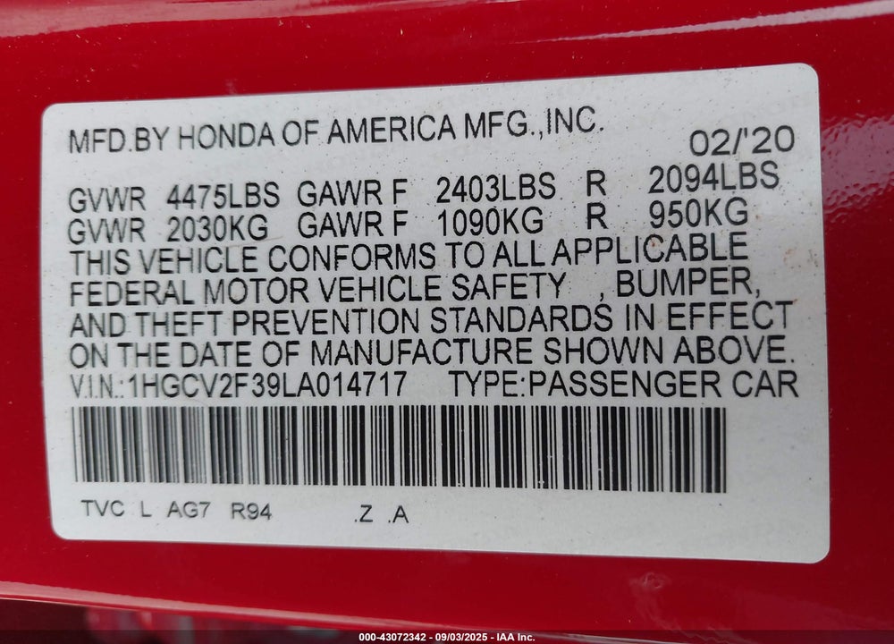 2020 HONDA ACCORD VIN: 1HGCV2F39LA014717
