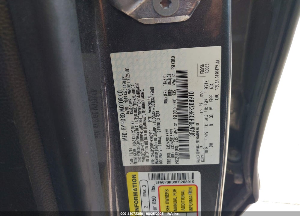 2015 FORD FUSION VIN: 3FA6P0HD9FR208910