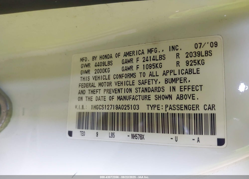 2009 HONDA ACCORD VIN: 1HGCS12719A025103