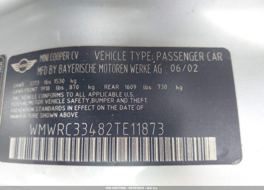 2002 MINI COOPER VIN: WMWRC33482TE11873