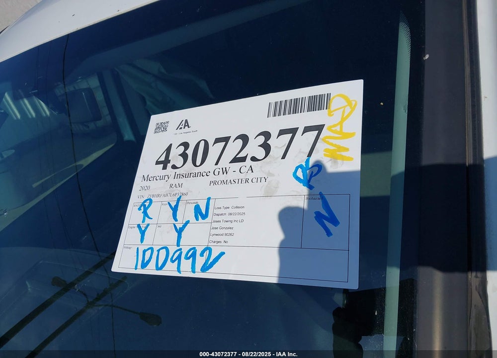 2020 RAM PROMASTER CITY TRADESMAN VIN: ZFBHRFAB7L6P37860