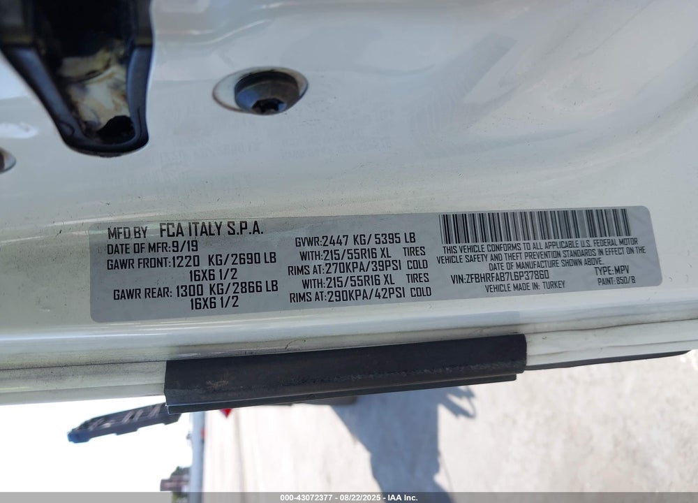 2020 RAM PROMASTER CITY TRADESMAN VIN: ZFBHRFAB7L6P37860