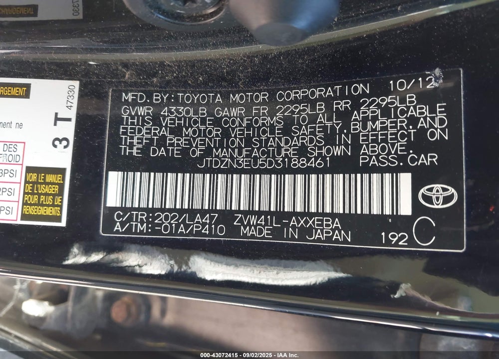 2013 TOYOTA PRIUS V VIN: JTDZN3EU5D3188461