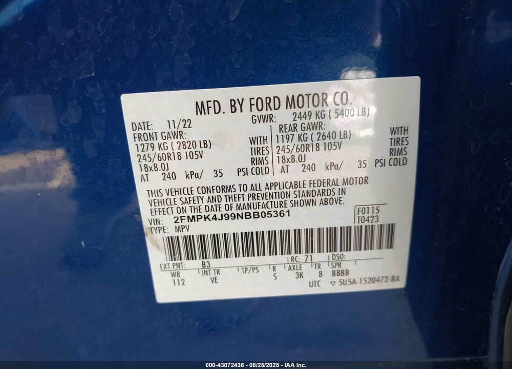 2022 FORD EDGE VIN: 2FMPK4J99NBB05361