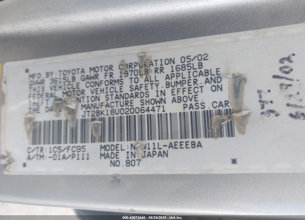 2002 TOYOTA PRIUS VIN: JT2BK18U020064471