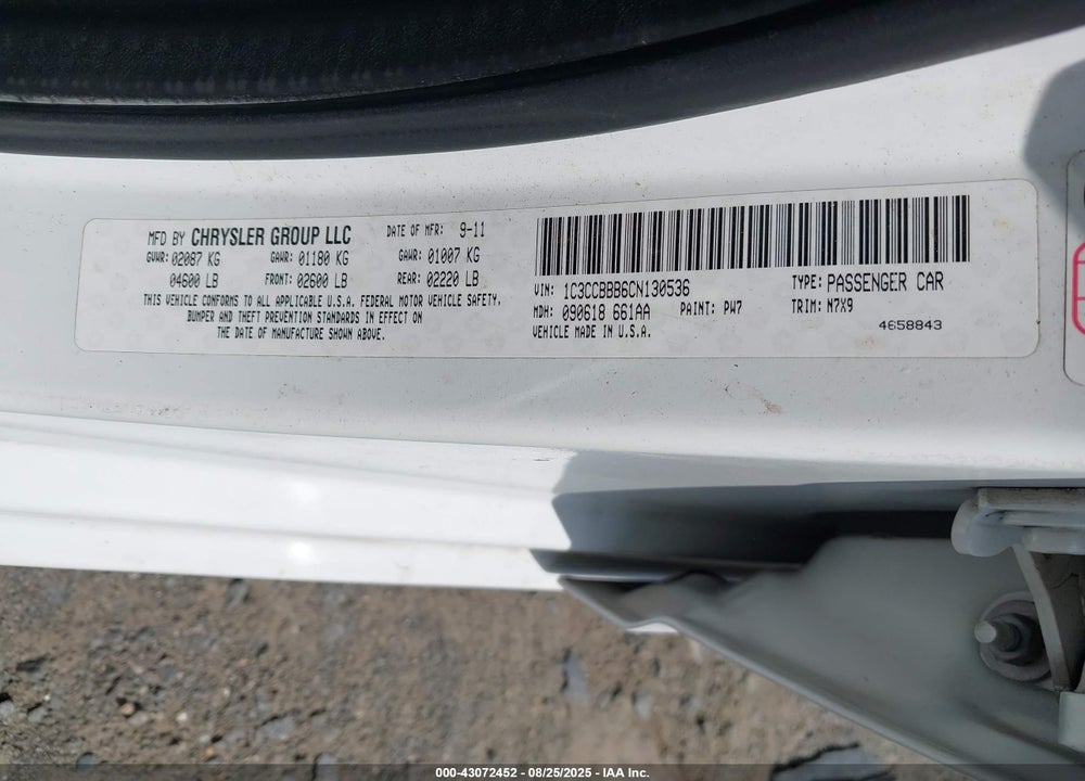 2012 CHRYSLER 200 VIN: 1C3CCBBB6CN130536