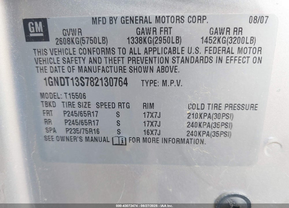 2008 CHEVROLET TRAILBLAZER FLEET VIN: 1GNDT13S782130764