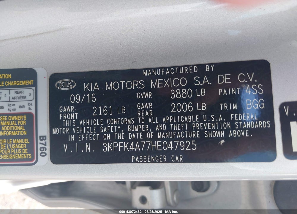 2017 KIA FORTE VIN: 3KPFK4A77HE047925