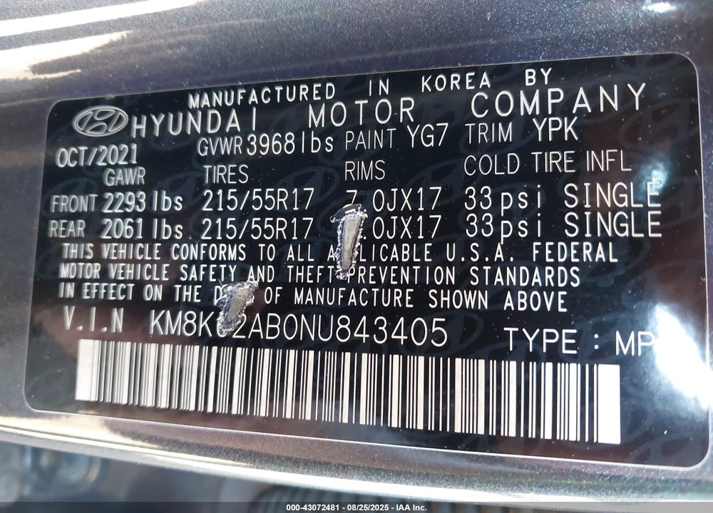 2022 HYUNDAI KONA VIN: KM8K62AB0NU843405