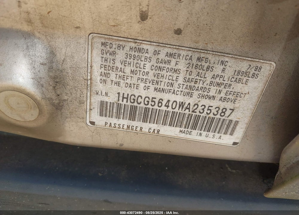 1998 HONDA ACCORD LX VIN: 1HGCG5640WA235387