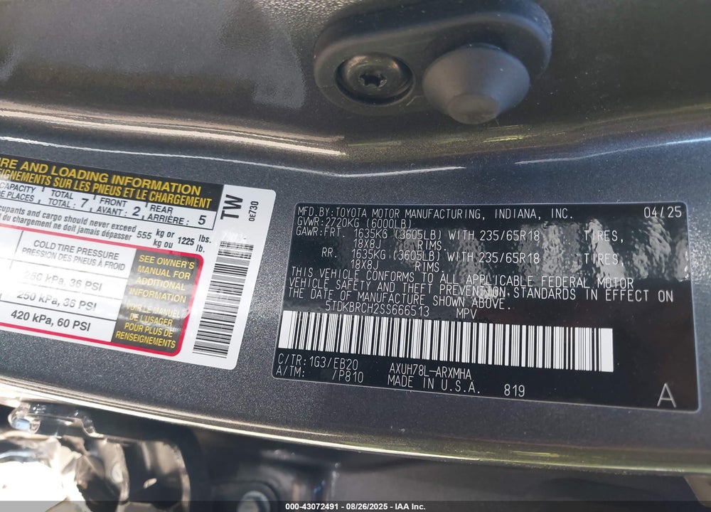2025 TOYOTA HIGHLANDER HYBRID VIN: 5TDKBRCH2SS666513