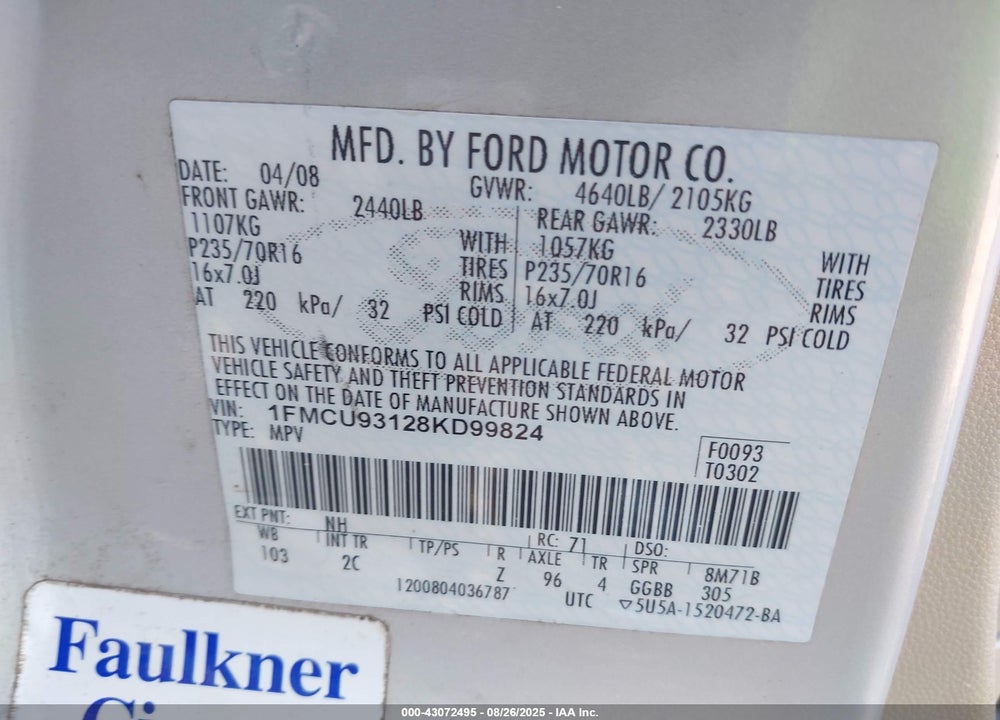 2008 FORD ESCAPE XLT VIN: 1FMCU93128KD99824