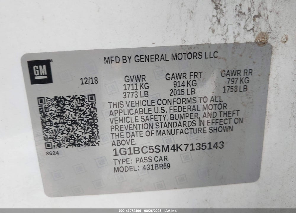 2019 CHEVROLET CRUZE VIN: 1G1BC5SM4K7135143