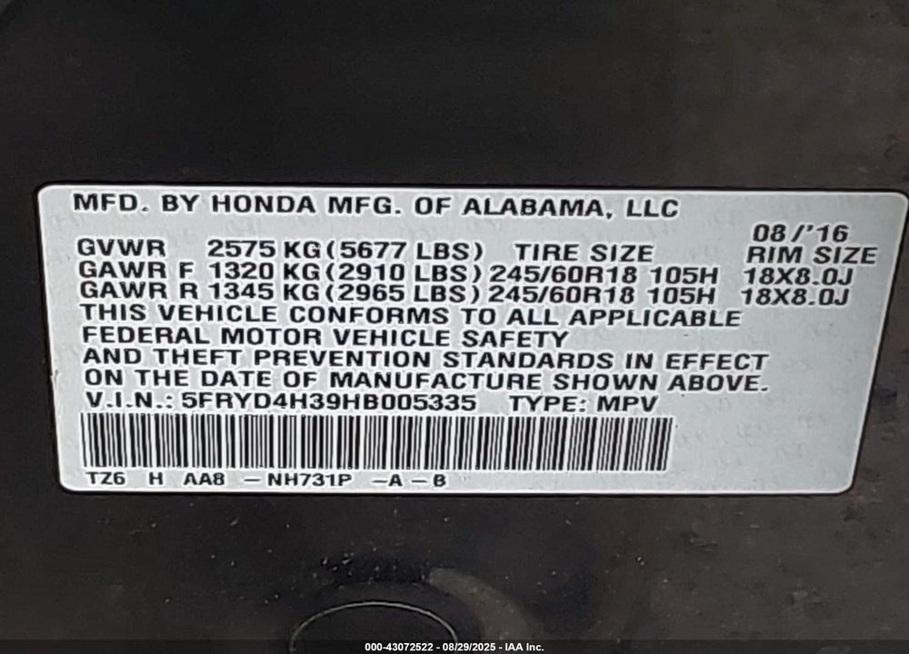 2017 ACURA MDX VIN: 5FRYD4H39HB005335