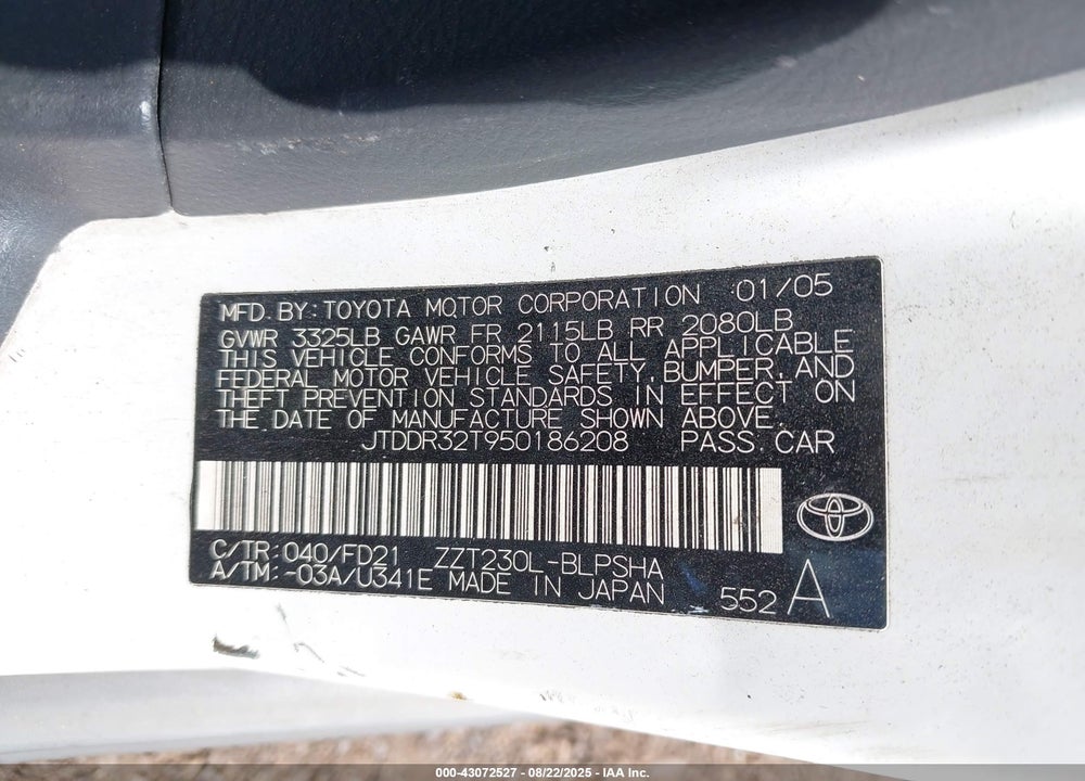 2005 TOYOTA CELICA GT VIN: JTDDR32T950186208