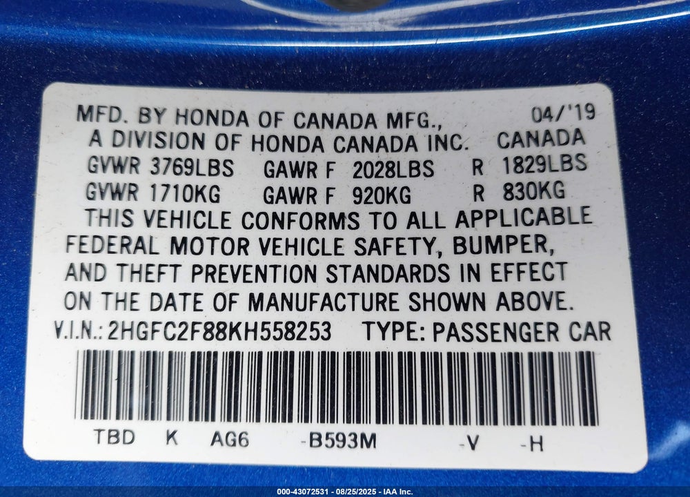 2019 HONDA CIVIC VIN: 2HGFC2F88KH558253