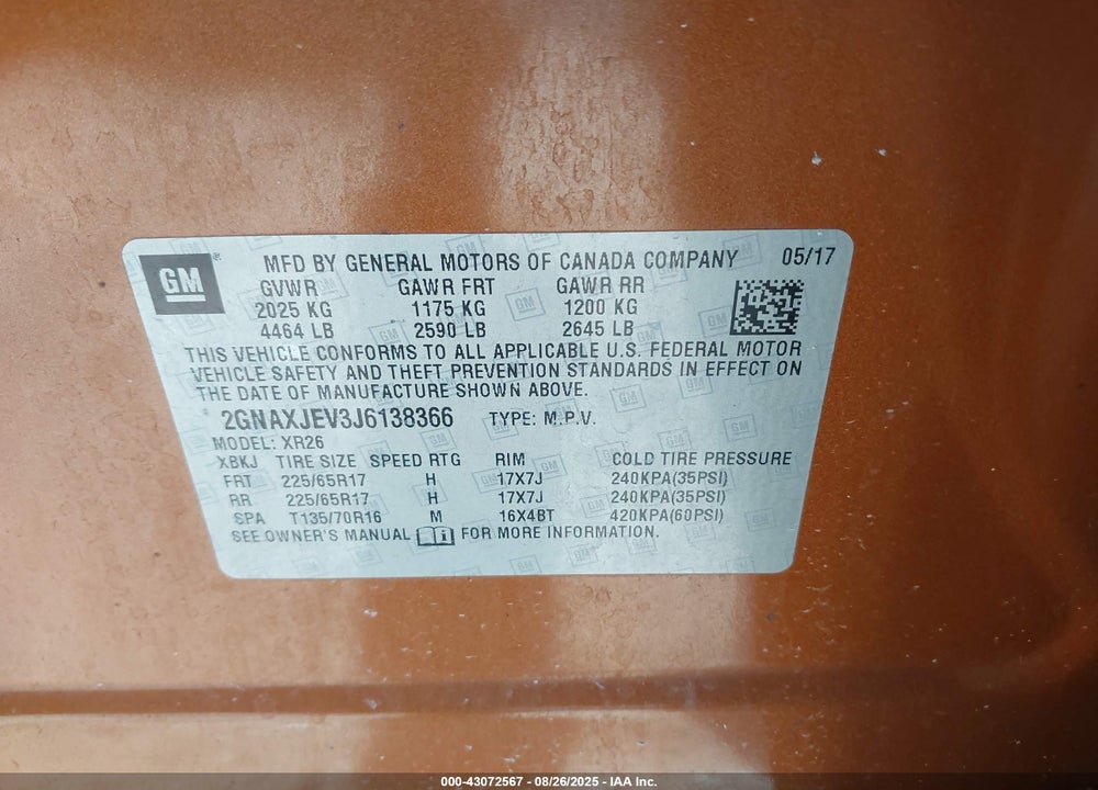 2018 CHEVROLET EQUINOX VIN: 2GNAXJEV3J6138366
