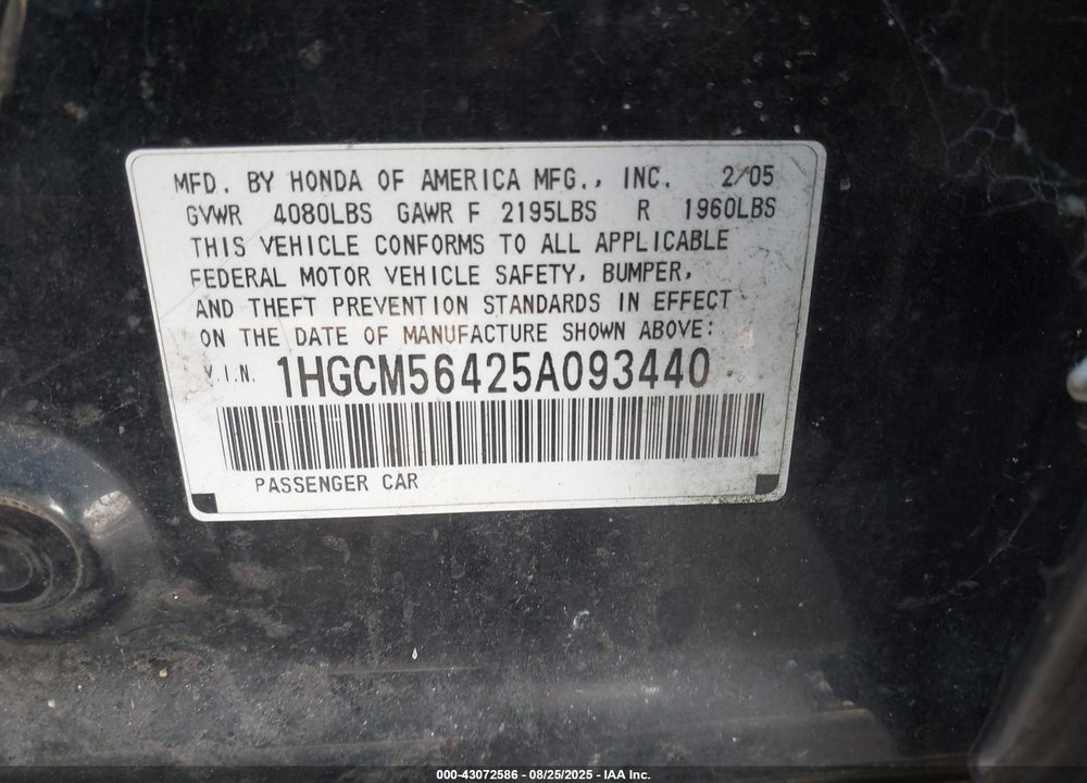 2005 HONDA ACCORD 2.4 LX VIN: 1HGCM56425A093440
