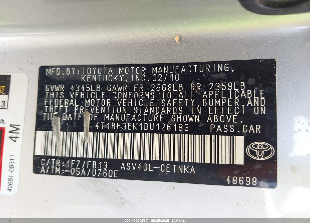 2011 TOYOTA CAMRY VIN: 4T1BF3EK1BU126183