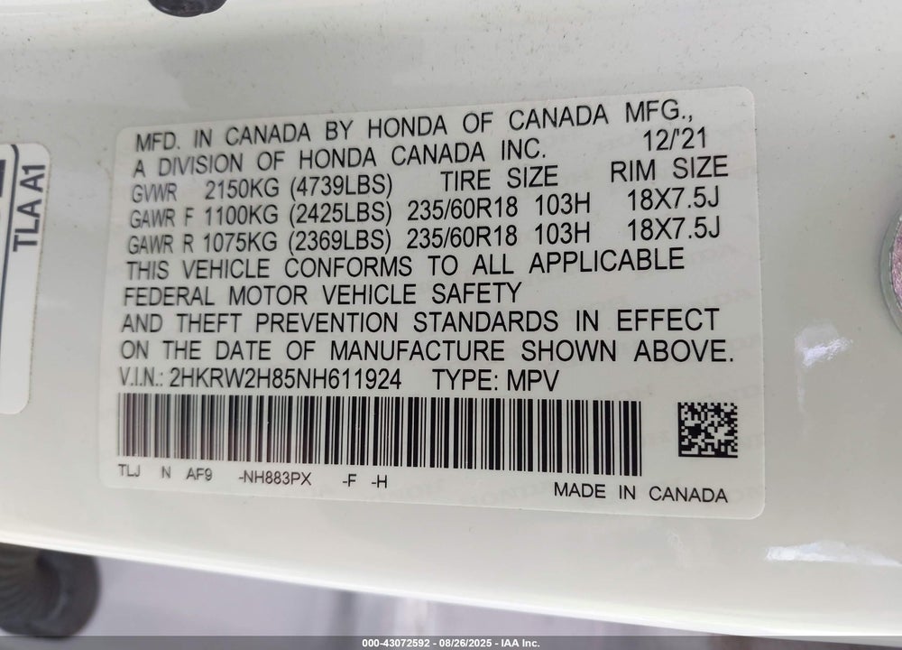 2022 HONDA CR-V AWD EX-L VIN: 2HKRW2H85NH611924