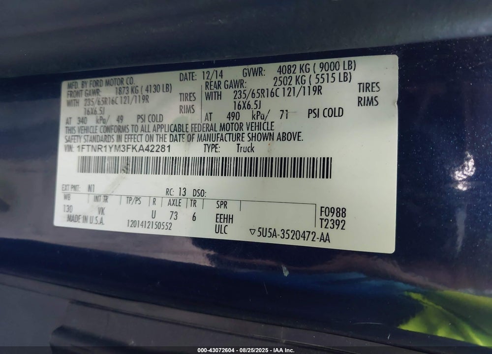 2015 FORD TRANSIT-250 VIN: 1FTNR1YM3FKA42281