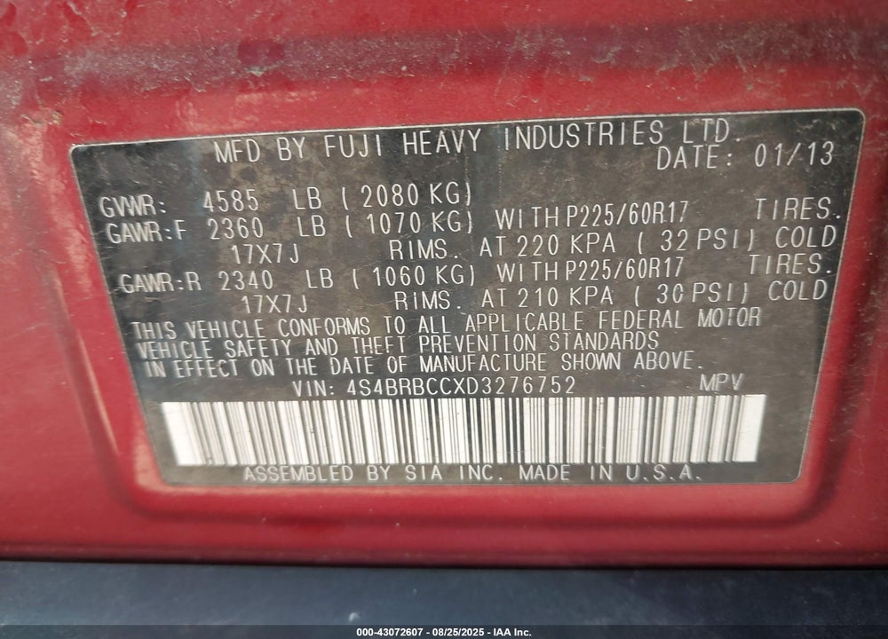 2013 SUBARU OUTBACK VIN: 4S4BRBCCXD3276752