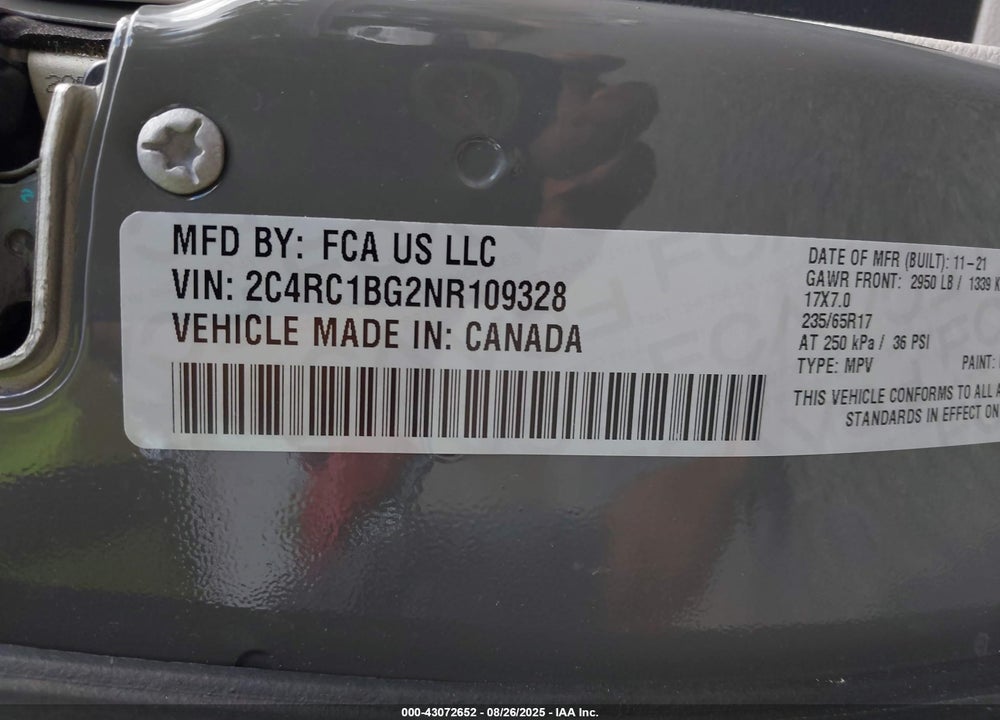 2022 CHRYSLER PACIFICA TOURING L VIN: 2C4RC1BG2NR109328
