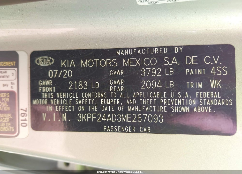2021 KIA FORTE VIN: 3KPF24AD3ME267093