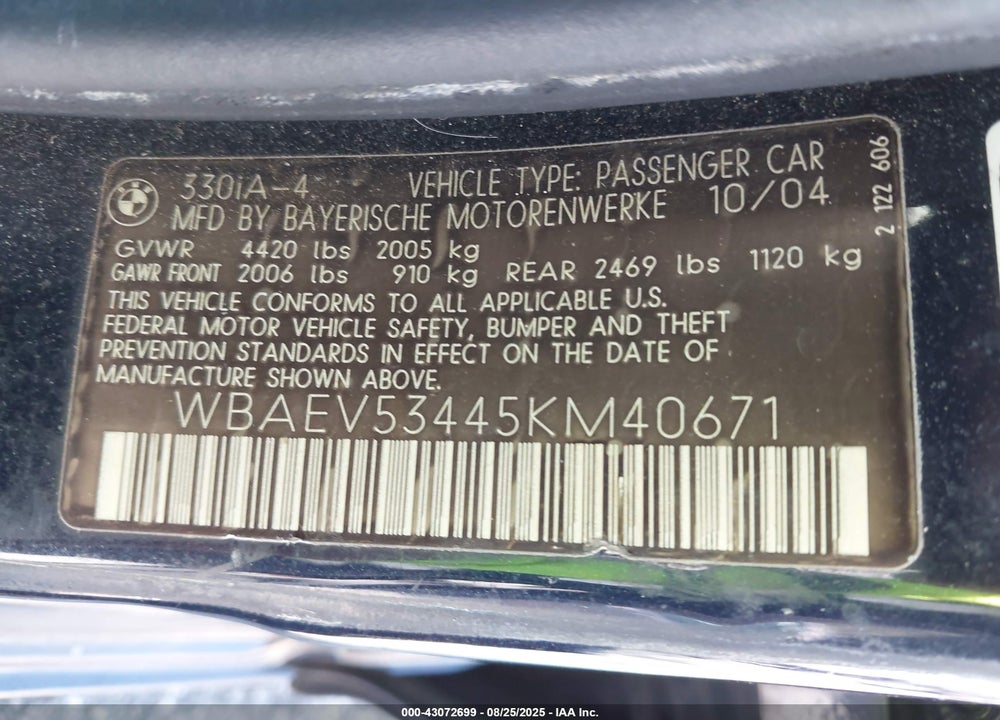2005 BMW 330I VIN: WBAEV53445KM40671