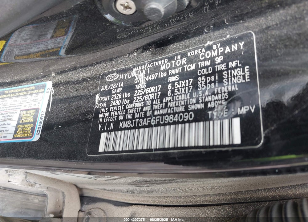 2015 HYUNDAI TUCSON VIN: KM8JT3AF6FU984090