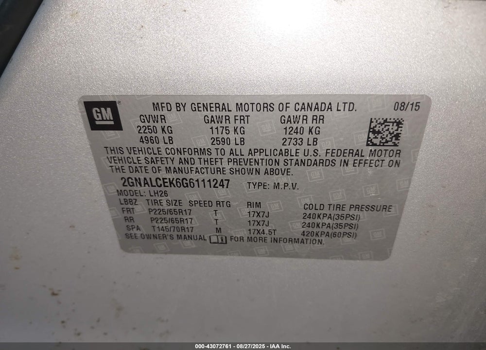2016 CHEVROLET EQUINOX VIN: 2GNALCEK6G6111247