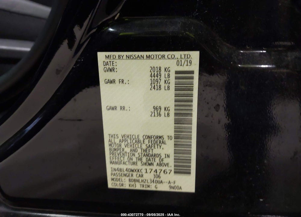 2019 NISSAN ALTIMA VIN: 1N4BL4DWXKC174767