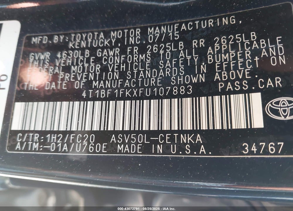 2015 TOYOTA CAMRY VIN: 4T1BF1FKXFU107883