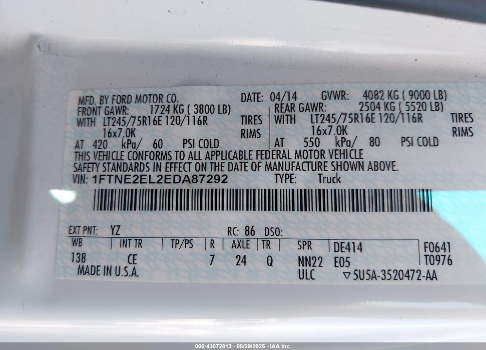 2014 FORD E-250 VIN: 1FTNE2EL2EDA87292