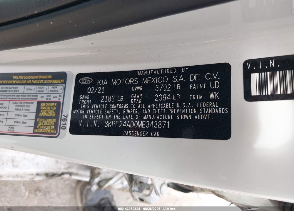 2021 KIA FORTE VIN: 3KPF24AD0ME343871