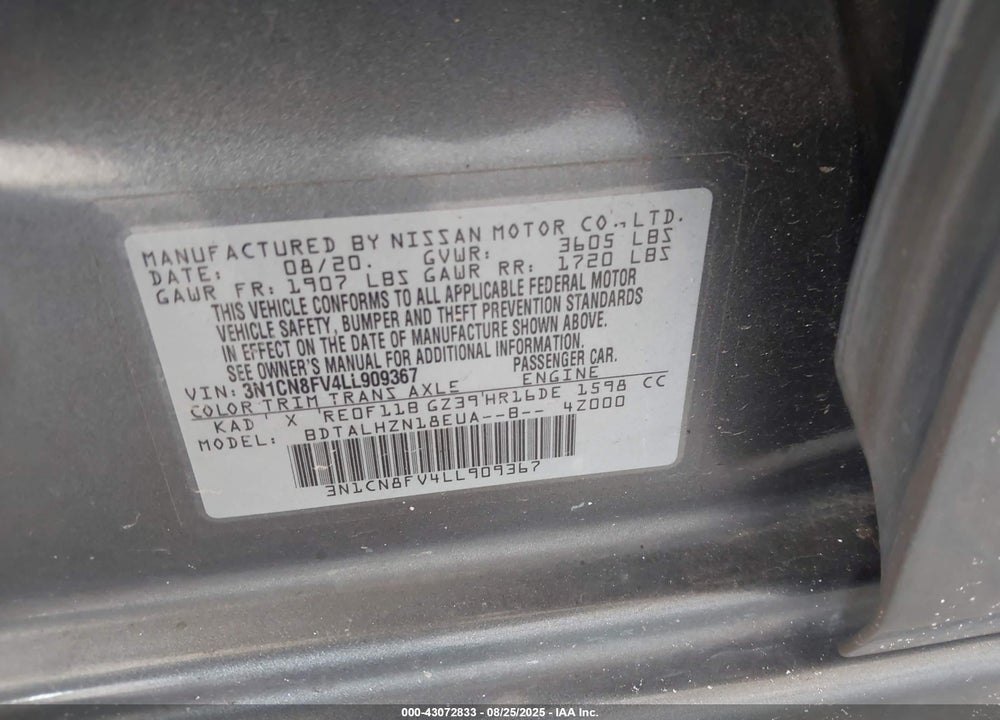 2020 NISSAN VERSA VIN: 3N1CN8FV4LL909367