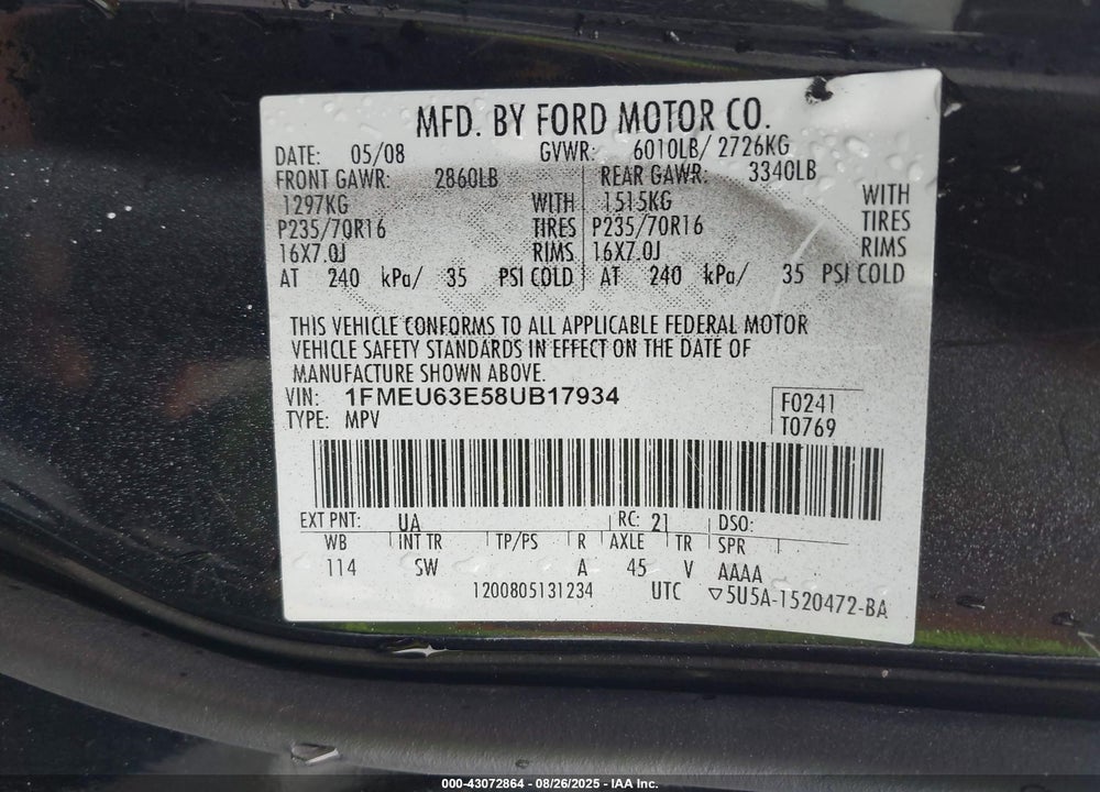 2008 FORD EXPLORER XLT VIN: 1FMEU63E58UB17934