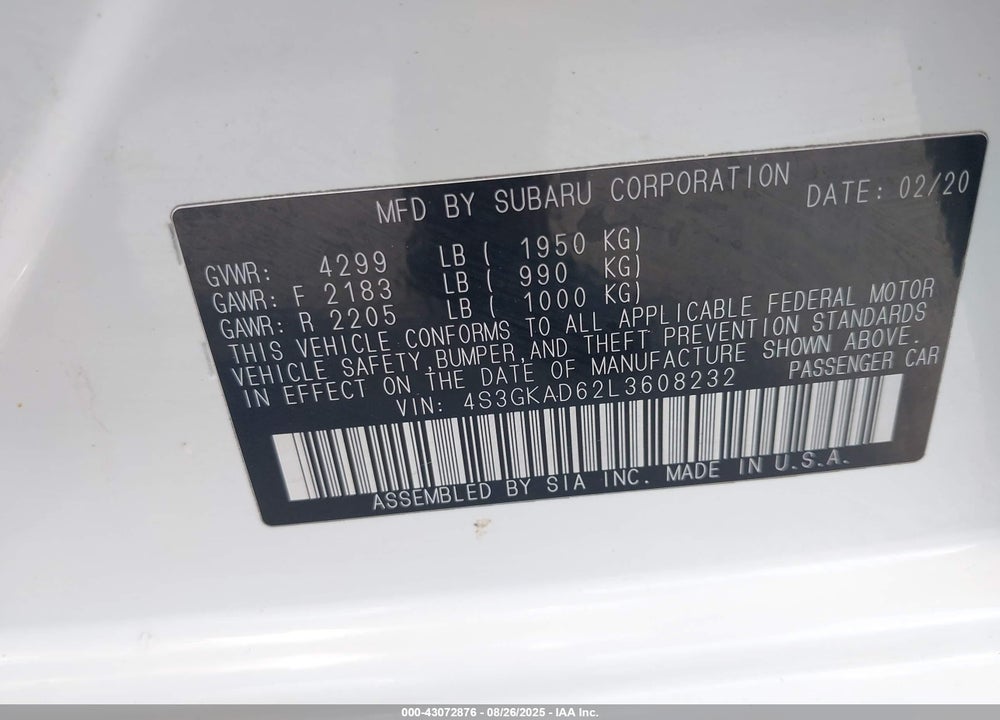 2020 SUBARU IMPREZA VIN: 4S3GKAD62L3608232