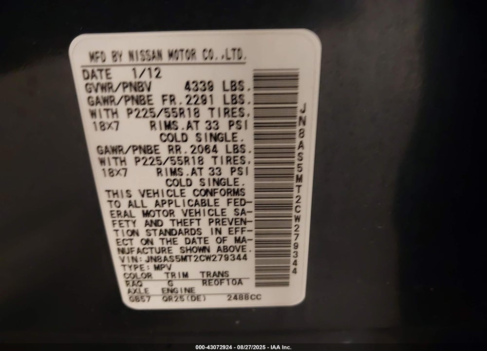 2012 NISSAN ROGUE VIN: JN8AS5MT2CW279344