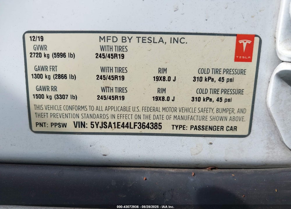 2020 TESLA MODEL S VIN: 5YJSA1E44LF364385