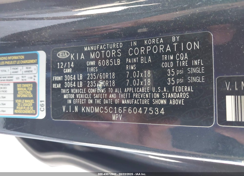2015 KIA SEDONA SX VIN: KNDMC5C16F6047534