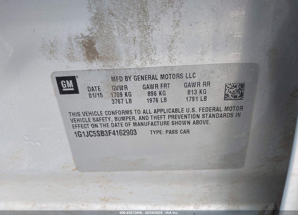2015 CHEVROLET SONIC VIN: 1G1JC5SB3F4162903