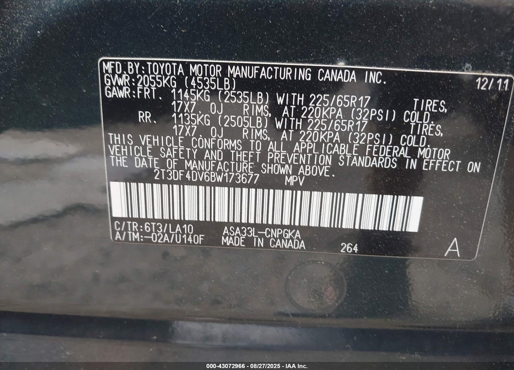 2011 TOYOTA RAV4 VIN: 2T3DF4DV6BW173677