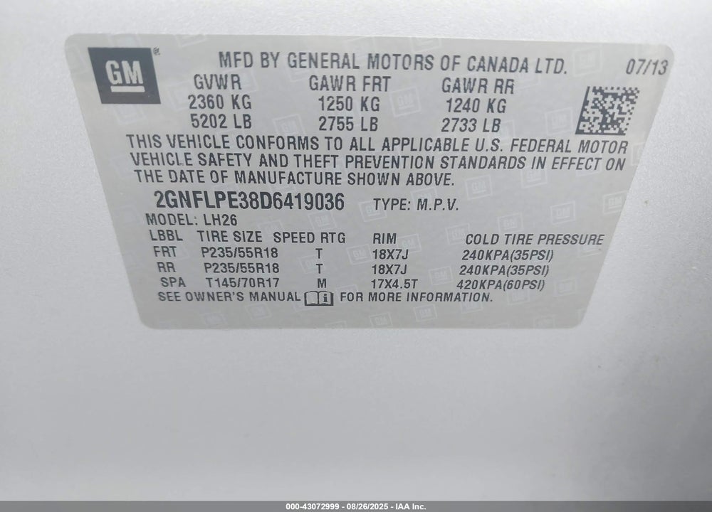2013 CHEVROLET EQUINOX VIN: 2GNFLPE38D6419036