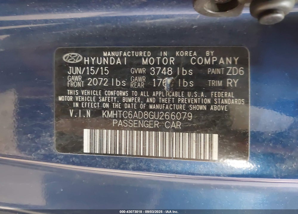 2016 HYUNDAI VELOSTER VIN: KMHTC6AD8GU266079