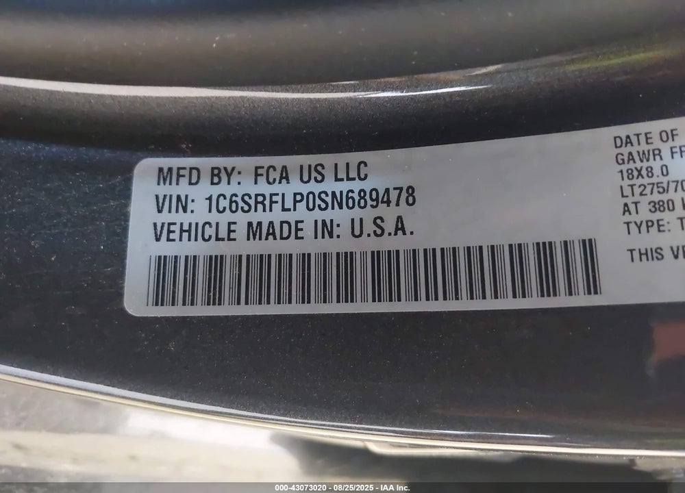 2025 RAM 1500 VIN: 1C6SRFLP0SN689478