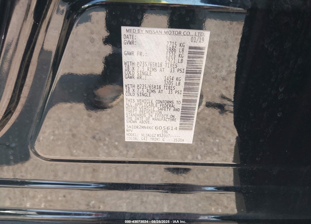 2019 NISSAN PATHFINDER SL VIN: 5N1DR2MN4KC605614