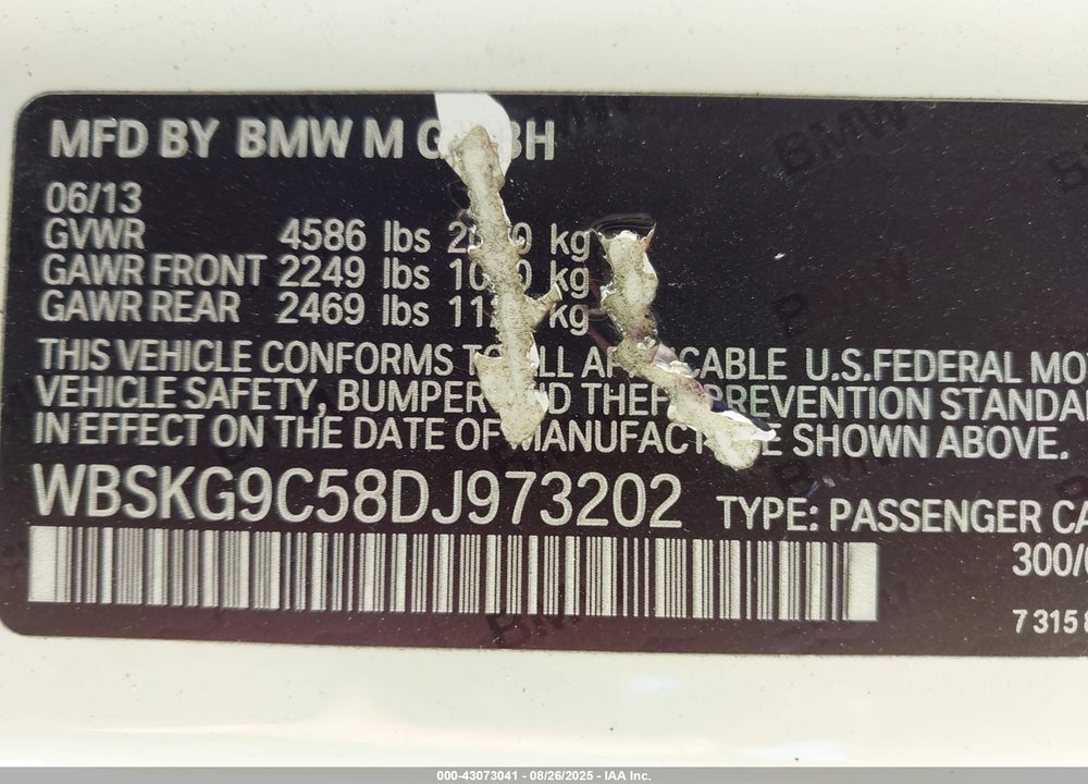 2013 BMW M3 VIN: WBSKG9C58DJ973202