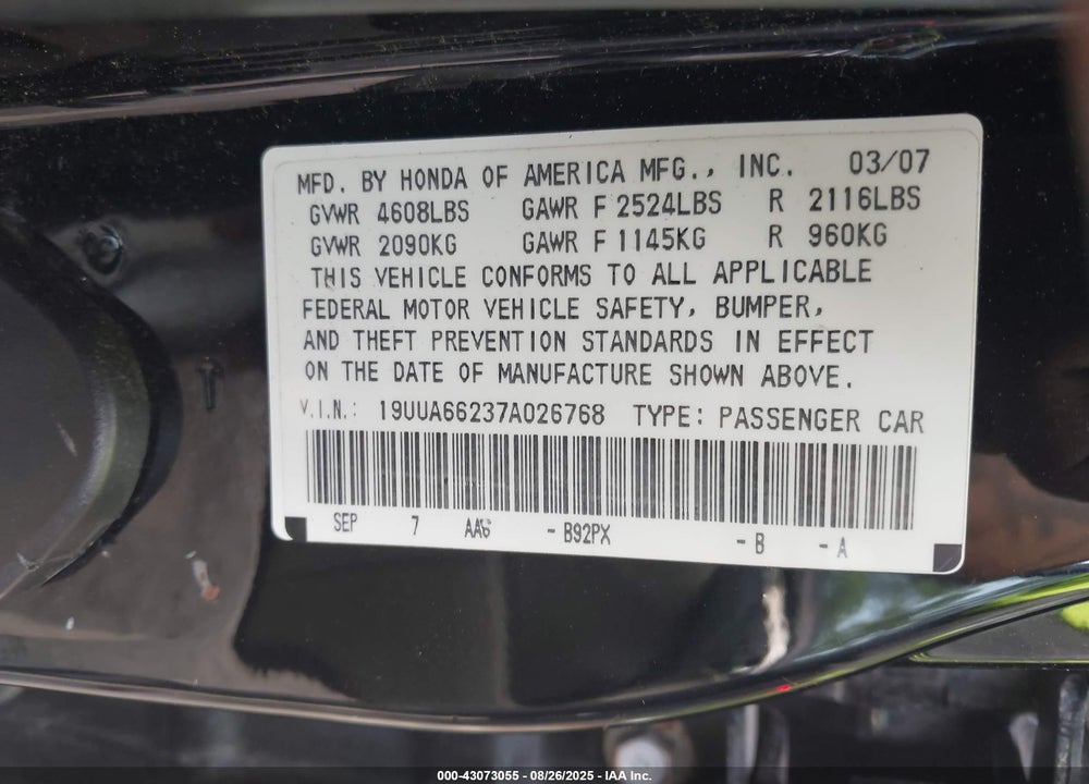 2007 ACURA TL VIN: 19UUA66237A026768