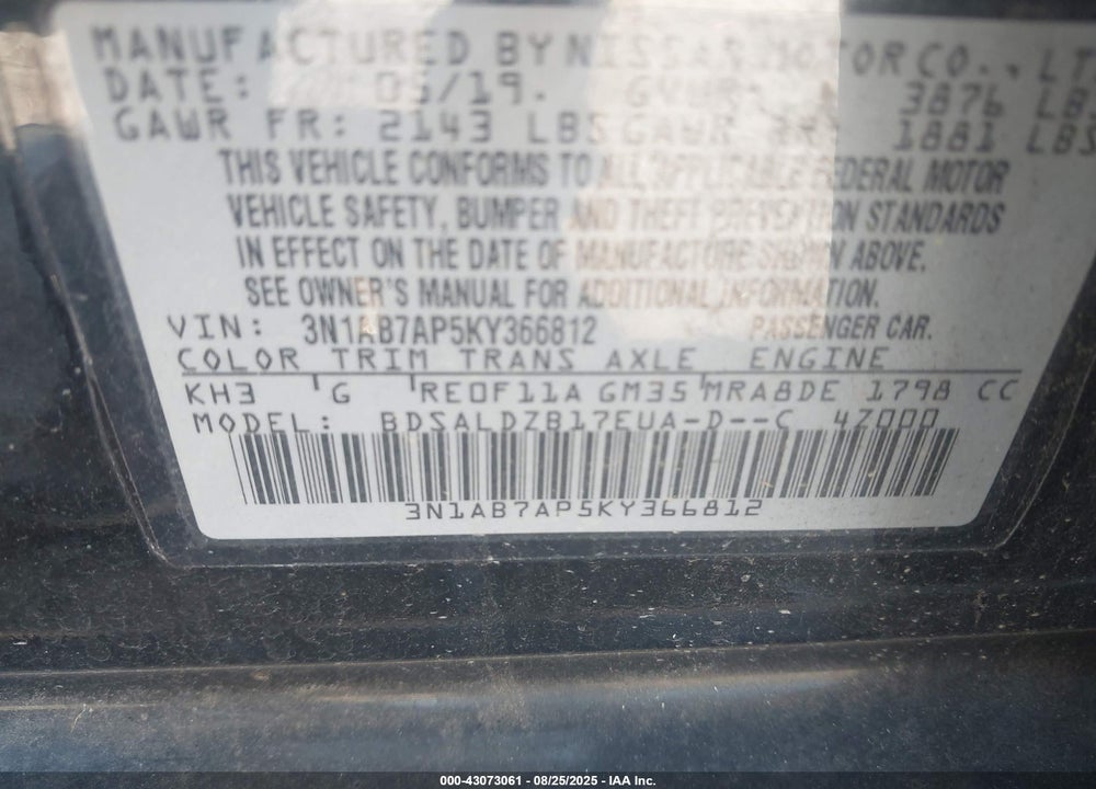 2019 NISSAN SENTRA SV VIN: 3N1AB7AP5KY366812
